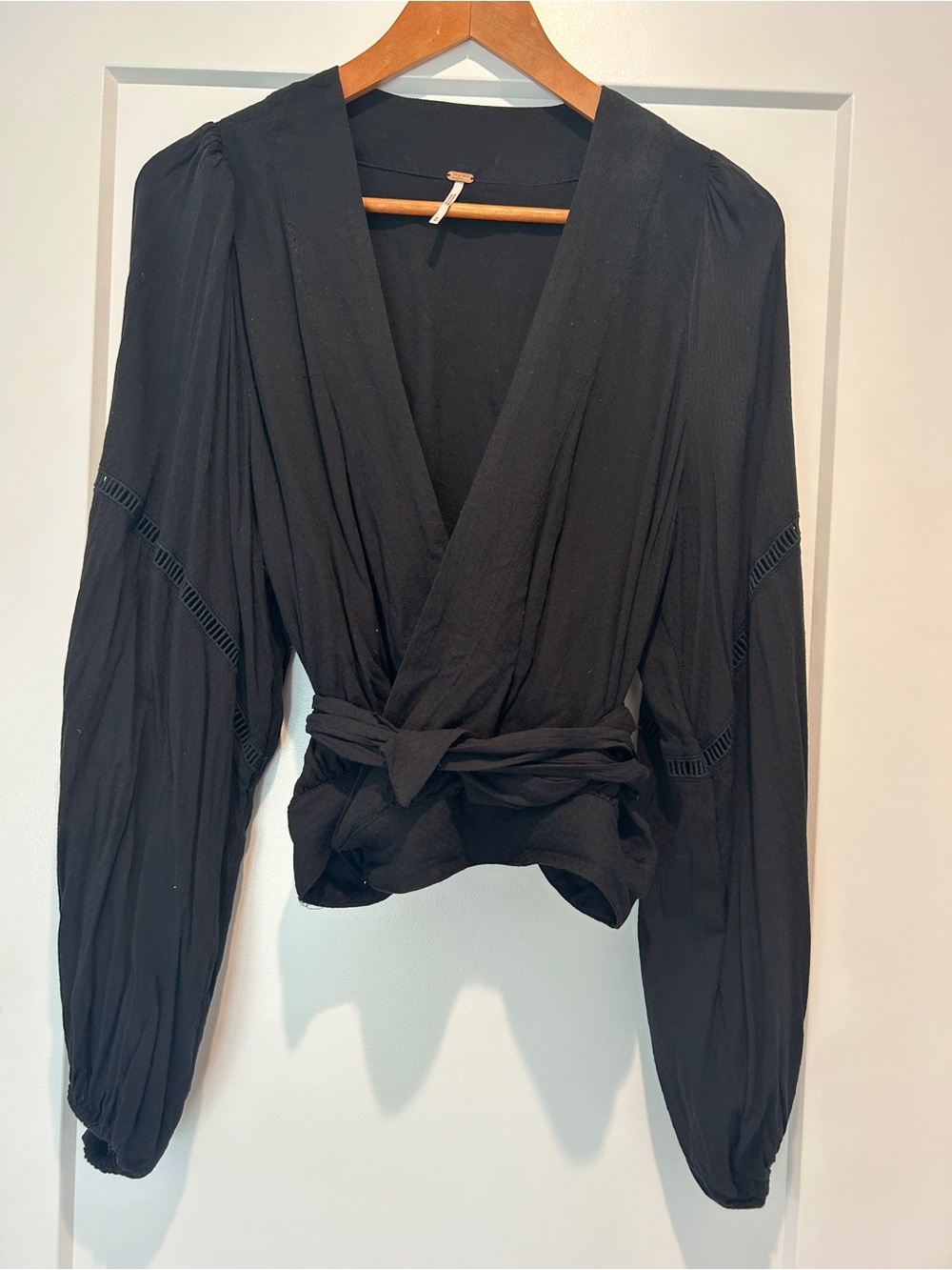 Free People Black Wrap Tie Blouse with Balloon Sleeves